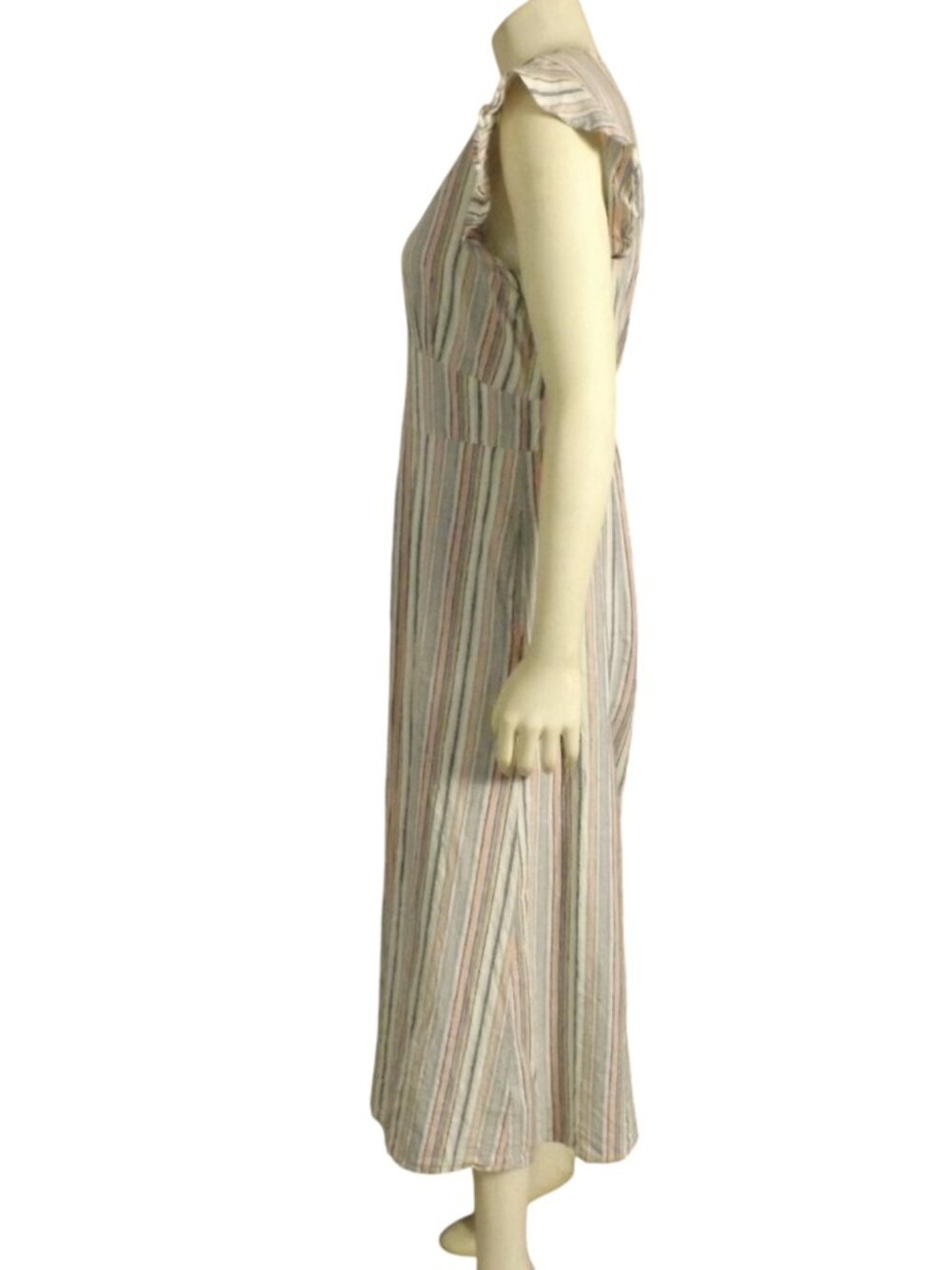 MARINE LAYER Midi Dress, L, Multicolor Stripes, Button front, Ruffle cap sleeve - Picture 8 of 15